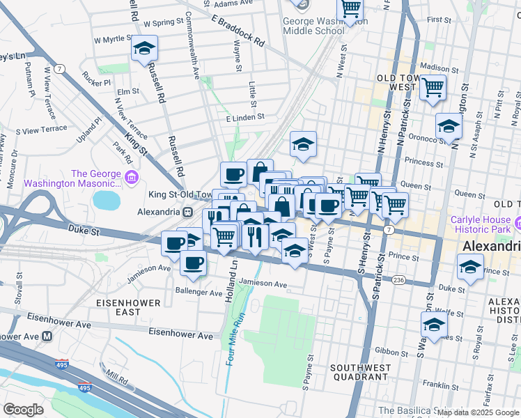 map of restaurants, bars, coffee shops, grocery stores, and more near 1737 King Street in Alexandria
