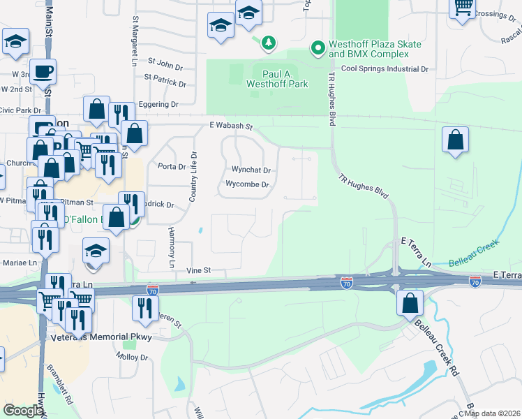 map of restaurants, bars, coffee shops, grocery stores, and more near 402 Duchesne Avenue in O'Fallon