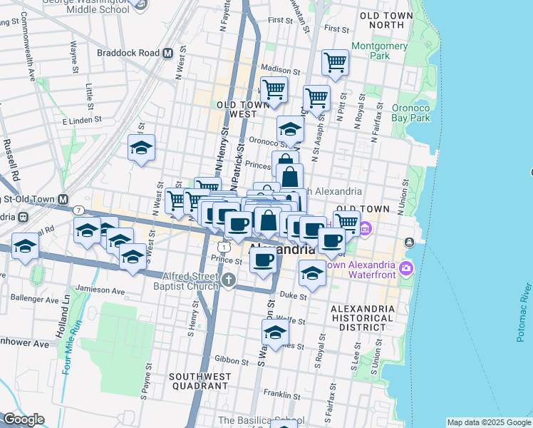 map of restaurants, bars, coffee shops, grocery stores, and more near Cameron St & N Columbus St in Alexandria