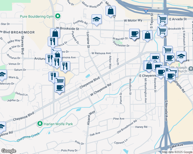 map of restaurants, bars, coffee shops, grocery stores, and more near 306 Cheyenne Boulevard in Colorado Springs