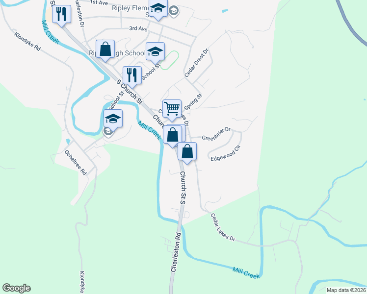 map of restaurants, bars, coffee shops, grocery stores, and more near 104 Greer St in Ripley