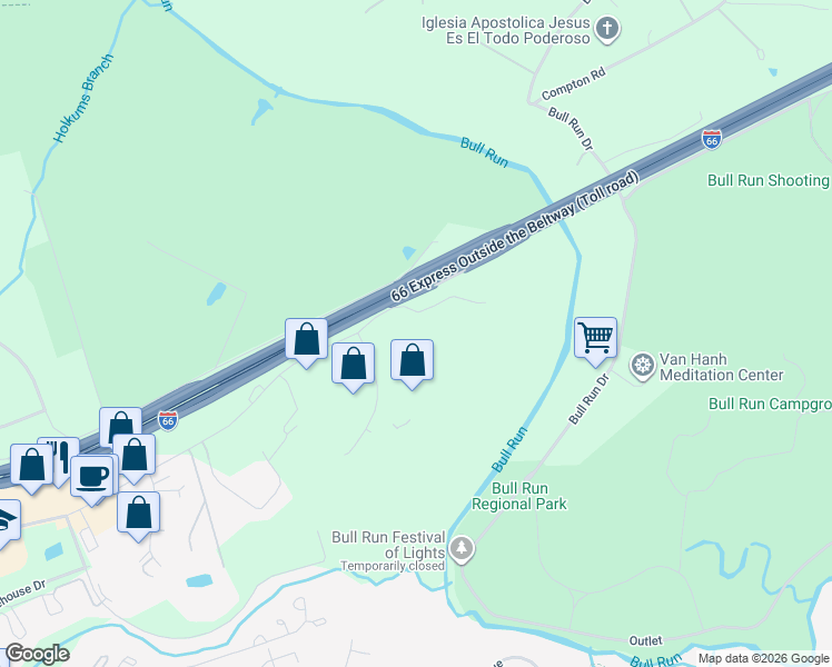map of restaurants, bars, coffee shops, grocery stores, and more near 10021 Balls Ford Road in Manassas