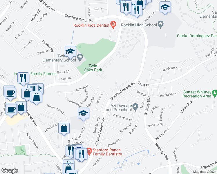 map of restaurants, bars, coffee shops, grocery stores, and more near 5633 Grand View Court in Rocklin