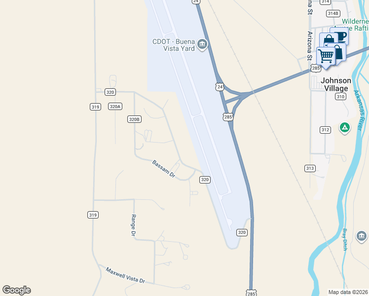 map of restaurants, bars, coffee shops, grocery stores, and more near 26505 County Road 320 in Buena Vista