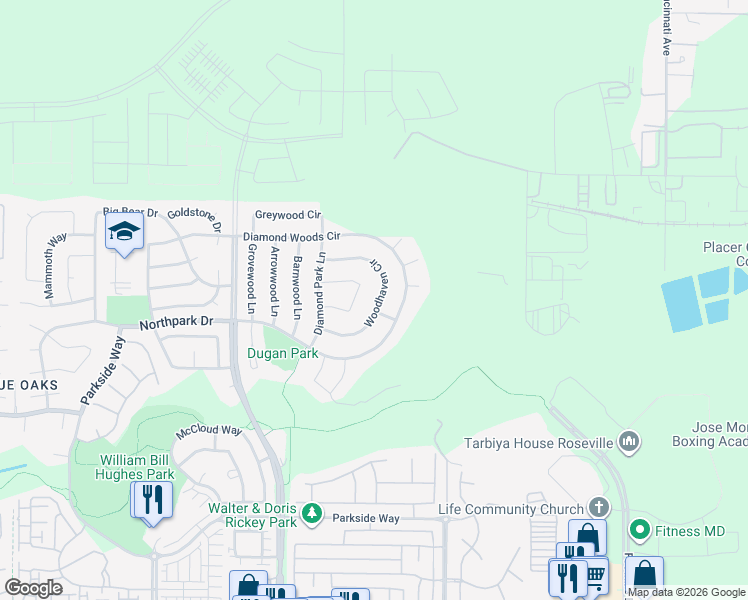 map of restaurants, bars, coffee shops, grocery stores, and more near 1613 Woodhaven Circle in Roseville