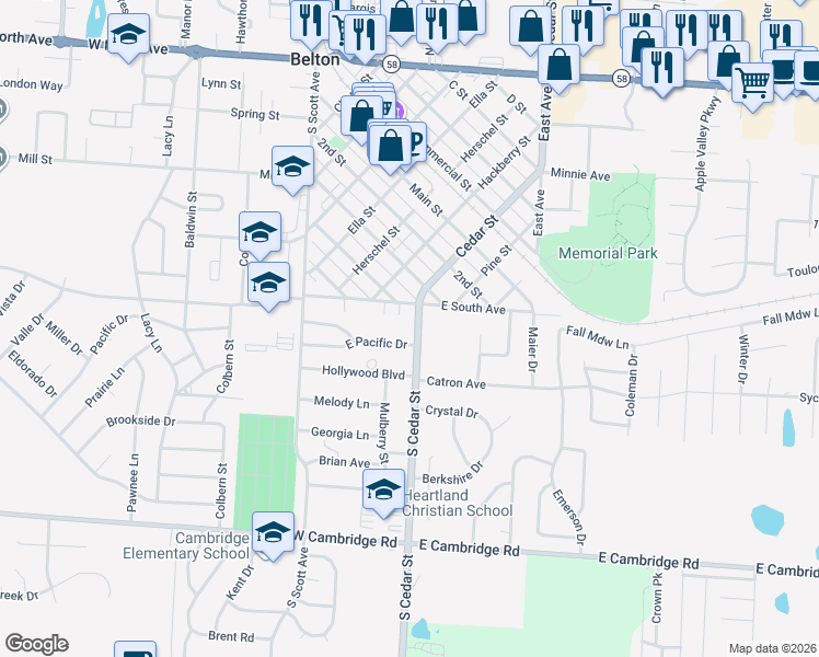 map of restaurants, bars, coffee shops, grocery stores, and more near 508 S Cedar St in Belton
