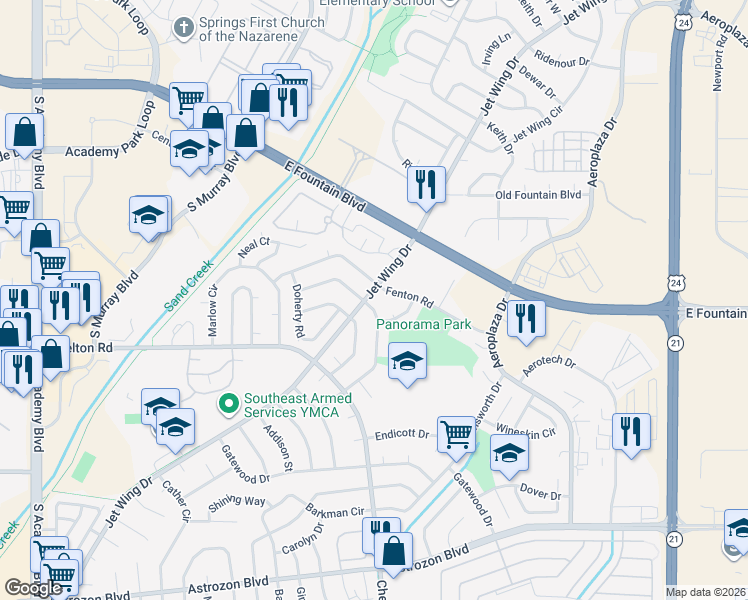 map of restaurants, bars, coffee shops, grocery stores, and more near 4498 Harwood Road in Colorado Springs