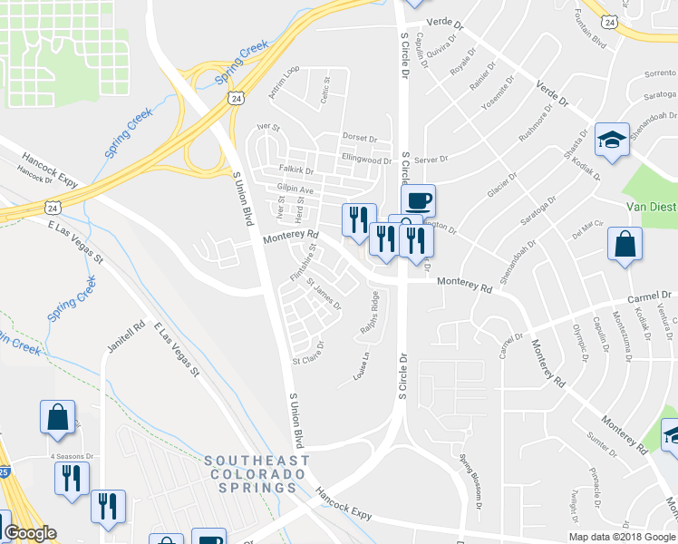 map of restaurants, bars, coffee shops, grocery stores, and more near 1647 Monterey Road in Colorado Springs