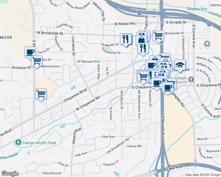 map of restaurants, bars, coffee shops, grocery stores, and more near 200 Cheyenne Boulevard in Colorado Springs