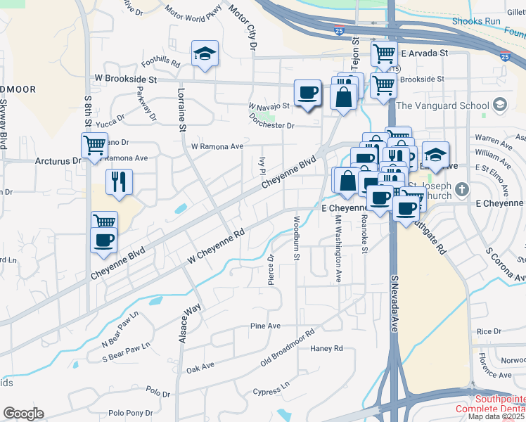 map of restaurants, bars, coffee shops, grocery stores, and more near 200 Cheyenne Boulevard in Colorado Springs