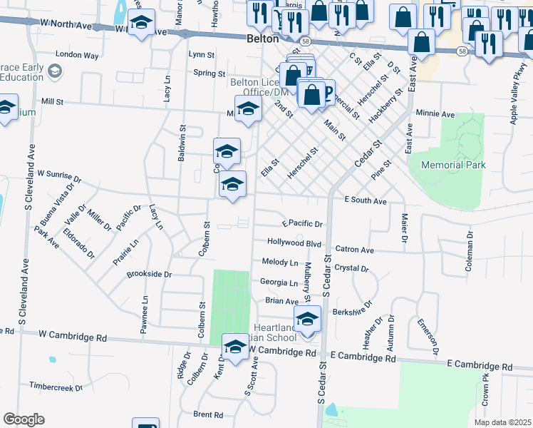 map of restaurants, bars, coffee shops, grocery stores, and more near 113 East Sunrise Drive in Belton