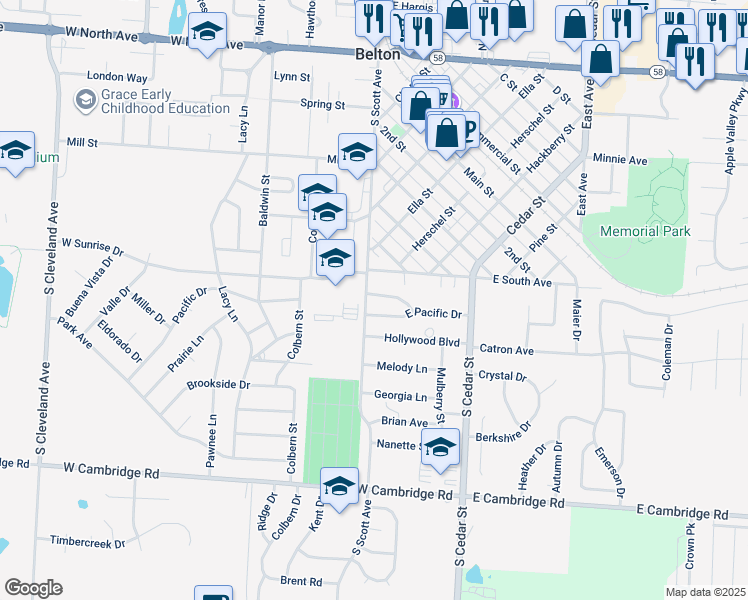 map of restaurants, bars, coffee shops, grocery stores, and more near 113 East Sunrise Drive in Belton
