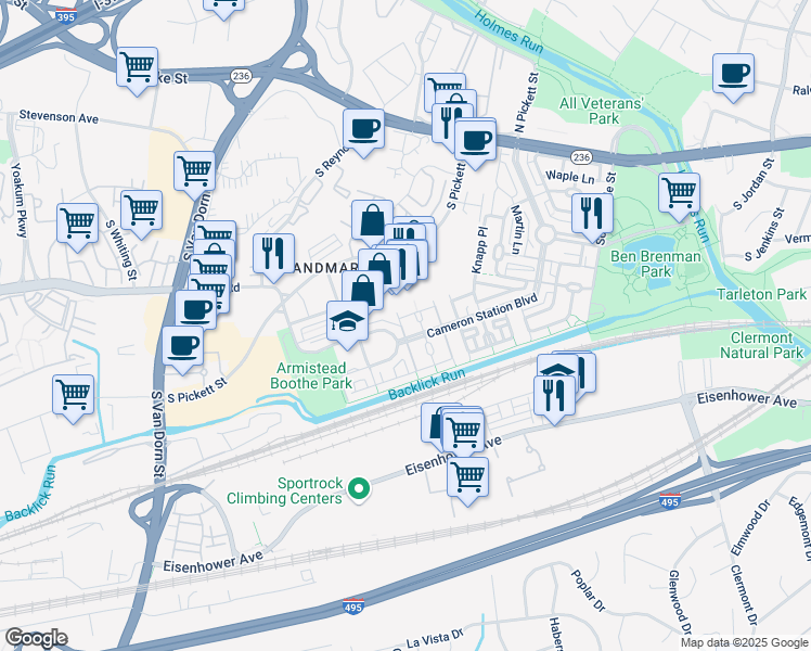 map of restaurants, bars, coffee shops, grocery stores, and more near 5263 Pocosin Lane in Alexandria