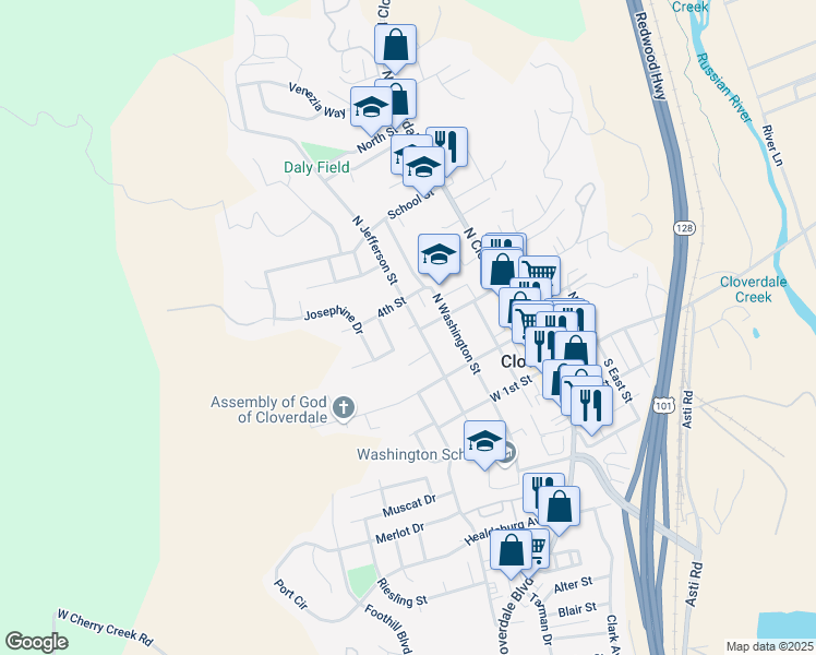 map of restaurants, bars, coffee shops, grocery stores, and more near 311 North Jefferson Street in Cloverdale