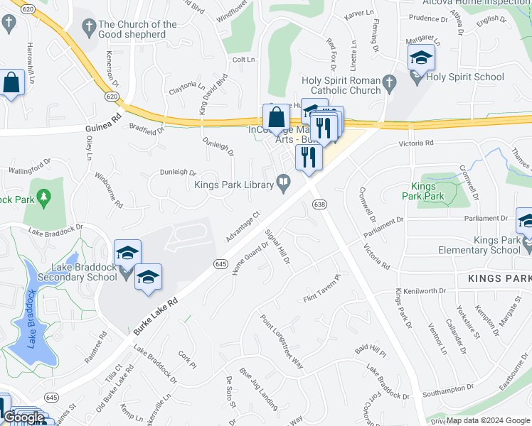map of restaurants, bars, coffee shops, grocery stores, and more near 9001 Advantage Court in Burke