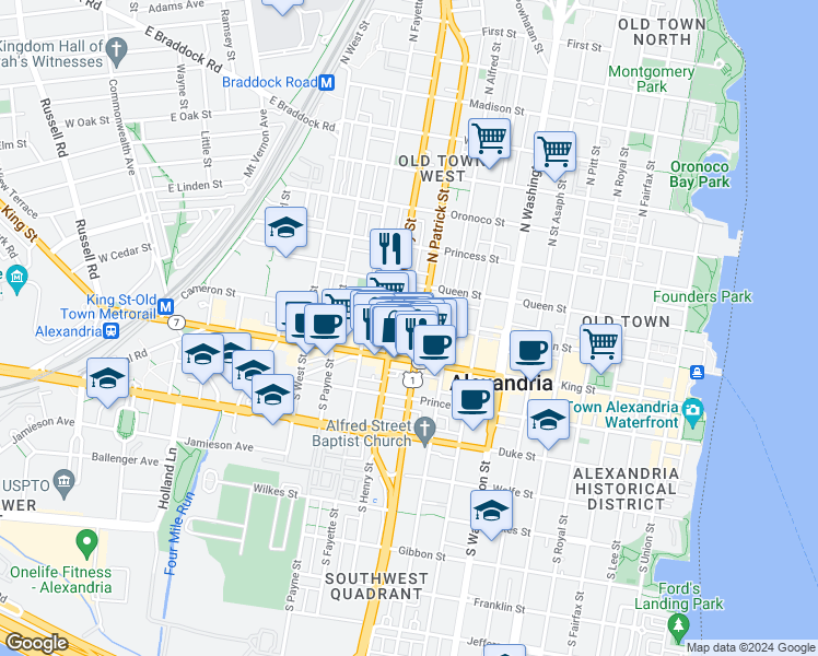 map of restaurants, bars, coffee shops, grocery stores, and more near 1010 Cameron St in Alexandria
