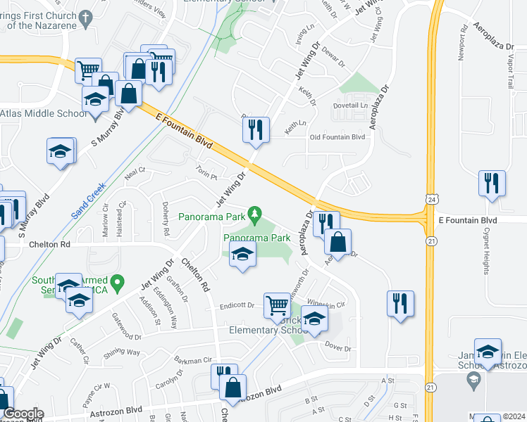 map of restaurants, bars, coffee shops, grocery stores, and more near 4537 Fenton Road in Colorado Springs