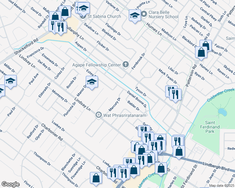 map of restaurants, bars, coffee shops, grocery stores, and more near 41 Mercury Drive in Florissant