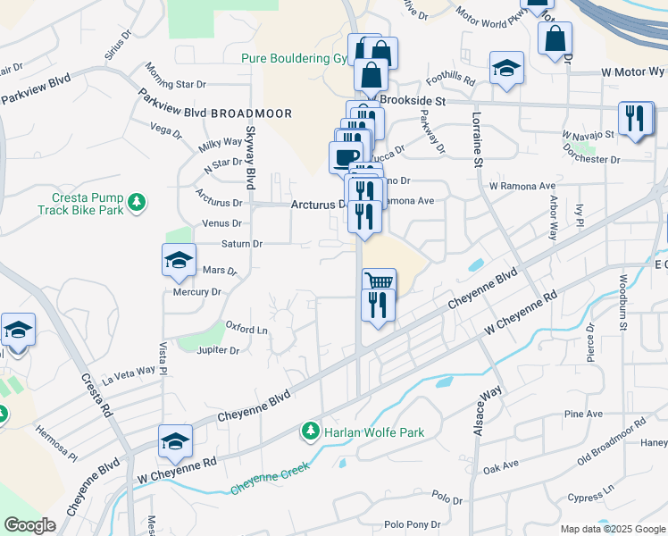 map of restaurants, bars, coffee shops, grocery stores, and more near 859 Redemption Point in Colorado Springs