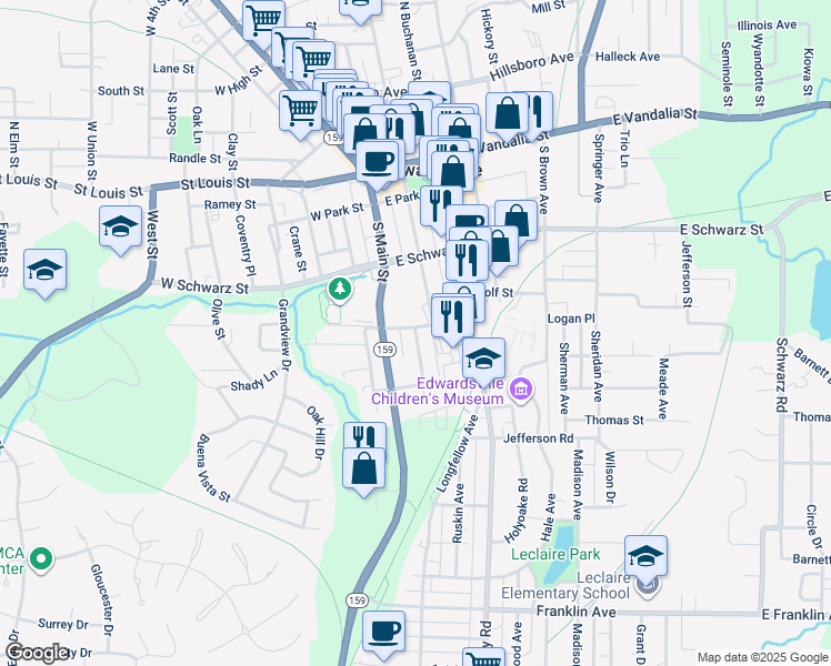 map of restaurants, bars, coffee shops, grocery stores, and more near 402 Cherry Street in Edwardsville