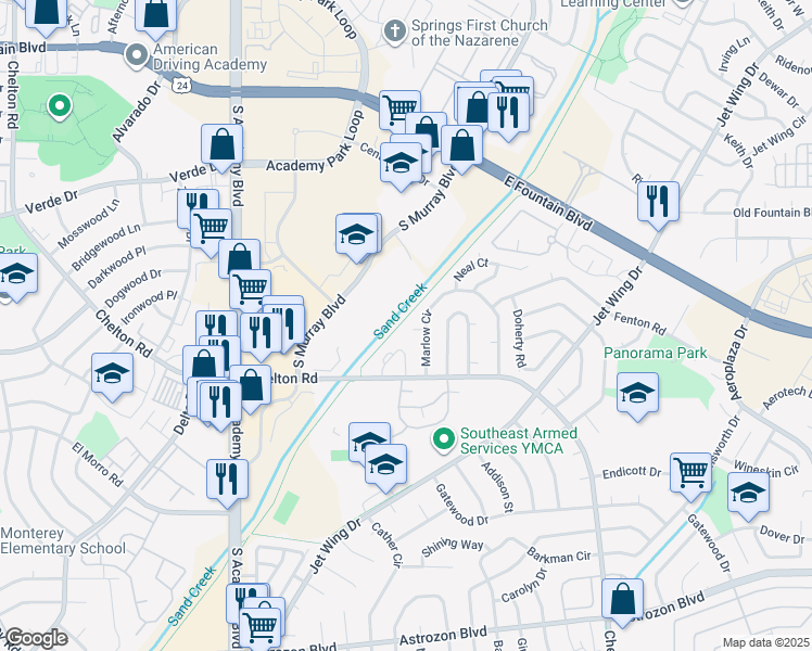 map of restaurants, bars, coffee shops, grocery stores, and more near 4210 Bluejay Court in Colorado Springs