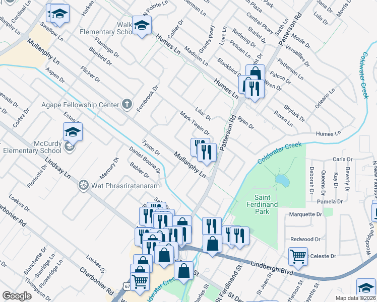 map of restaurants, bars, coffee shops, grocery stores, and more near 690 Crowder Drive in Florissant