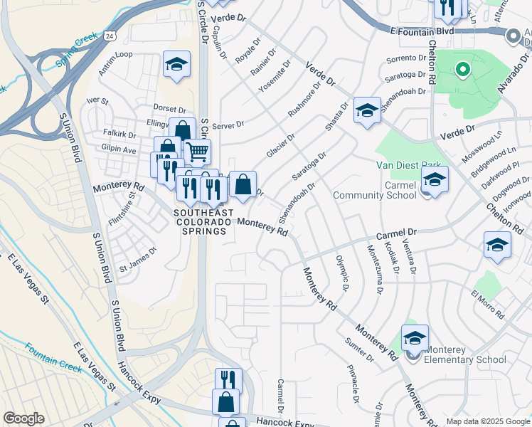 map of restaurants, bars, coffee shops, grocery stores, and more near 1806 Monterey Road in Colorado Springs