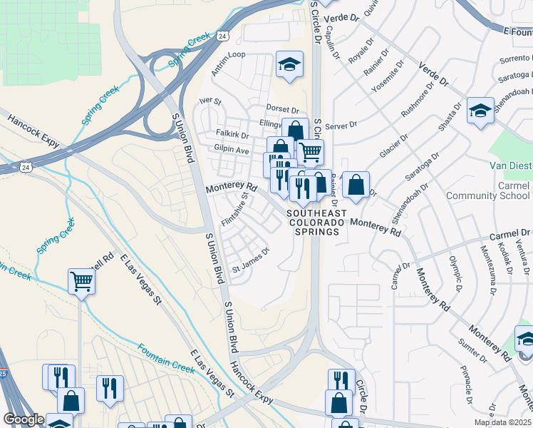 map of restaurants, bars, coffee shops, grocery stores, and more near 1647 Monterey Road in Colorado Springs