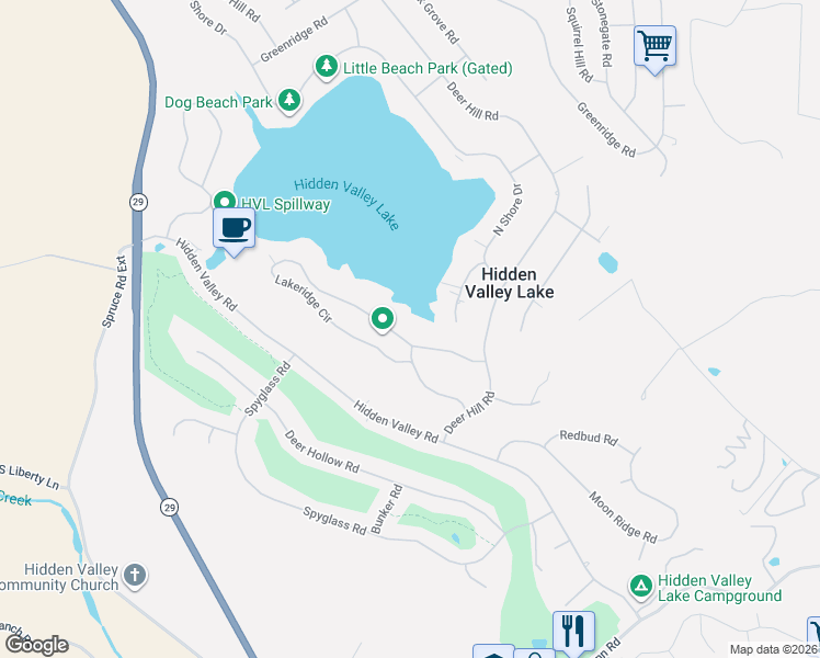 map of restaurants, bars, coffee shops, grocery stores, and more near 18702 East Ridge View Drive in Hidden Valley Lake