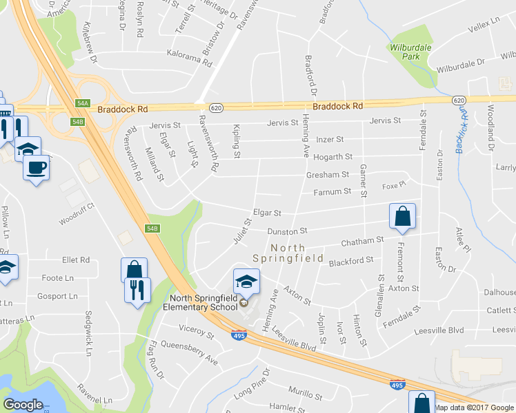 map of restaurants, bars, coffee shops, grocery stores, and more near 7514 Elgar Street in Springfield