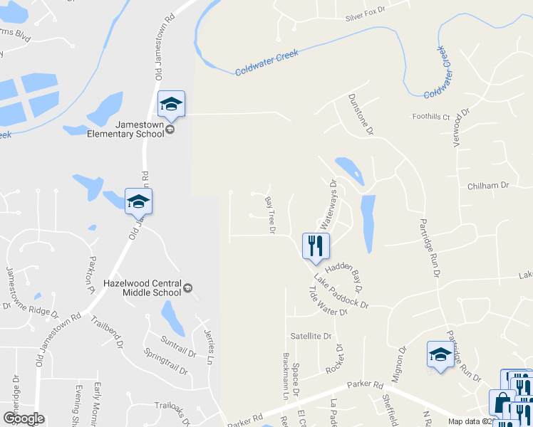 map of restaurants, bars, coffee shops, grocery stores, and more near 6181 Limbwood Court in Florissant