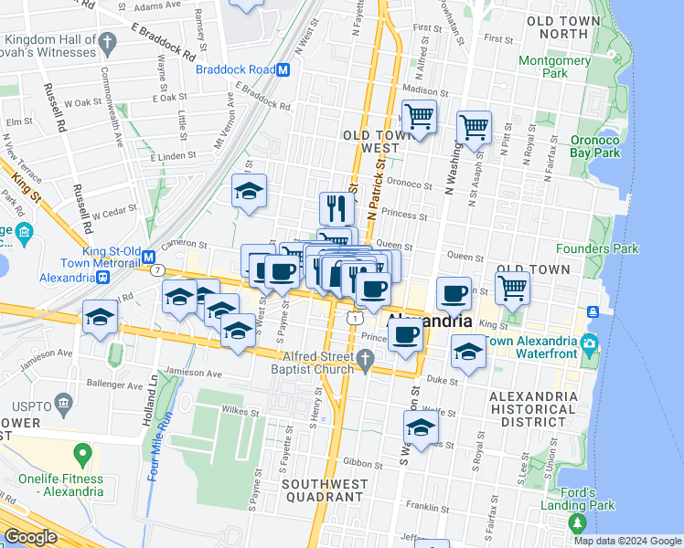 map of restaurants, bars, coffee shops, grocery stores, and more near 1024 Cameron Street in Alexandria