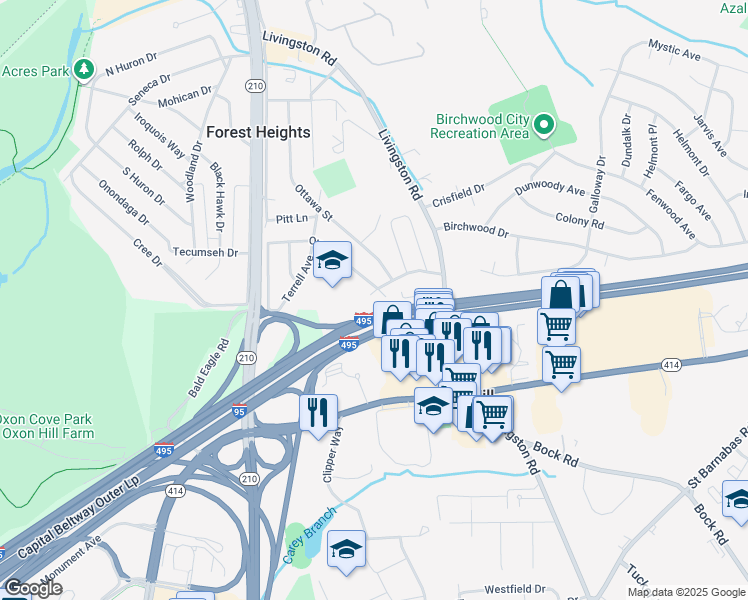 map of restaurants, bars, coffee shops, grocery stores, and more near 809 Comanche Dr in Oxon Hill