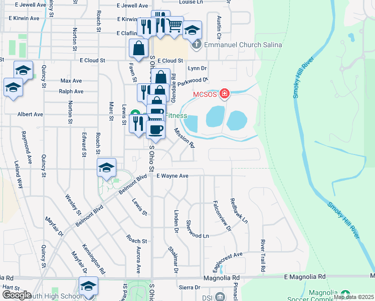 map of restaurants, bars, coffee shops, grocery stores, and more near 2063 Lambertson Lane in Salina
