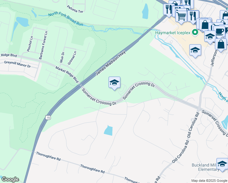 map of restaurants, bars, coffee shops, grocery stores, and more near 15500 Learning Lane in Haymarket