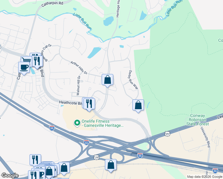 map of restaurants, bars, coffee shops, grocery stores, and more near 7065 Heritage Hunt Drive in Gainesville