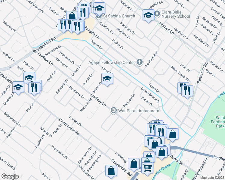 map of restaurants, bars, coffee shops, grocery stores, and more near 15 Charlotte Drive in Florissant