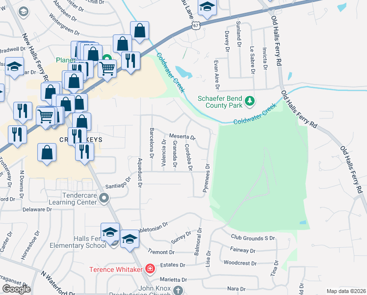 map of restaurants, bars, coffee shops, grocery stores, and more near 2063 Cordoba Drive in Florissant