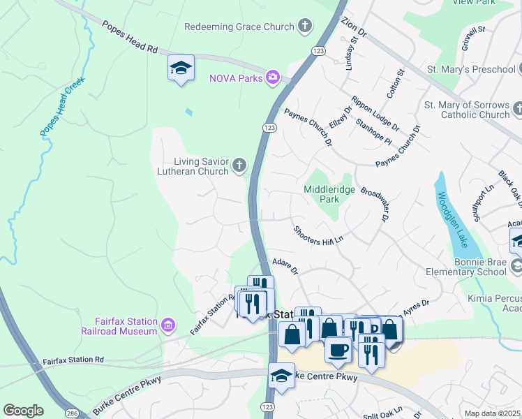 map of restaurants, bars, coffee shops, grocery stores, and more near 10926 Middlegate Drive in Fairfax