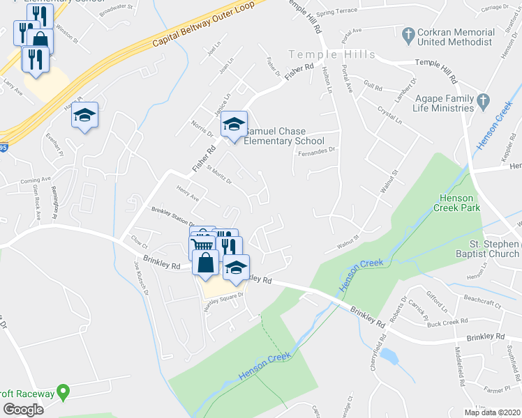 map of restaurants, bars, coffee shops, grocery stores, and more near 6030 Saint Moritz Drive in Temple Hills