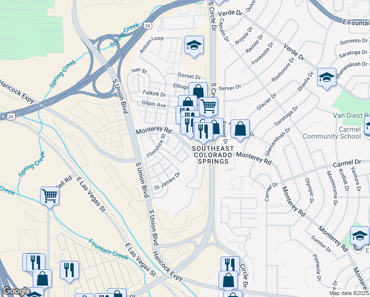 map of restaurants, bars, coffee shops, grocery stores, and more near 1647 Monterey Road in Colorado Springs