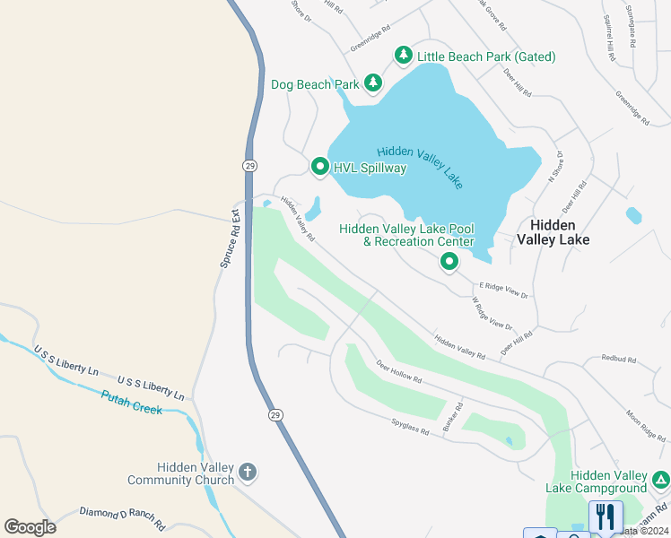 map of restaurants, bars, coffee shops, grocery stores, and more near 18265 Hidden Valley Road in Hidden Valley Lake