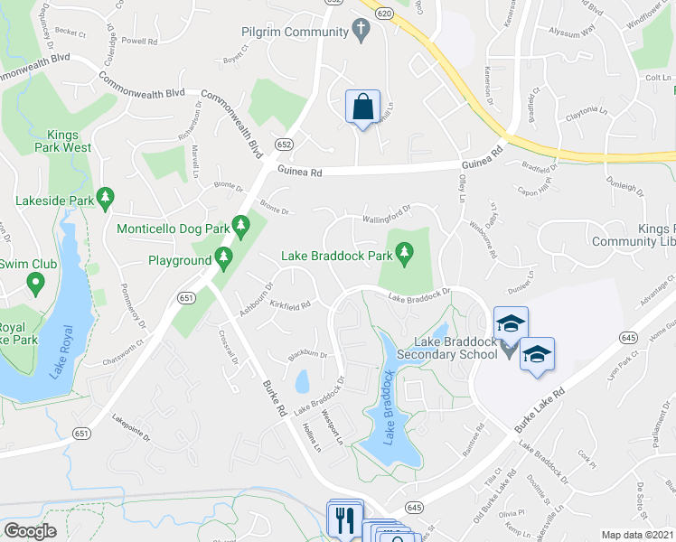 map of restaurants, bars, coffee shops, grocery stores, and more near 9529 Wallingford Drive in Burke