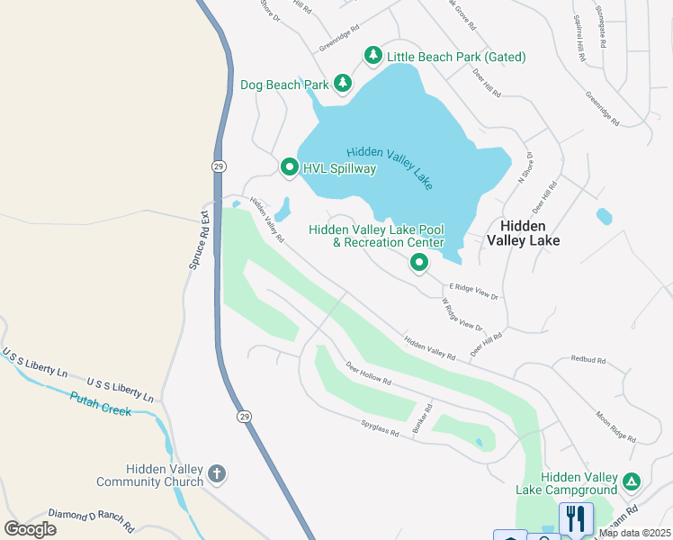 map of restaurants, bars, coffee shops, grocery stores, and more near 18318 Hidden Valley Road in Hidden Valley Lake