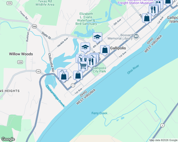 map of restaurants, bars, coffee shops, grocery stores, and more near 33 Court Street in Gallipolis