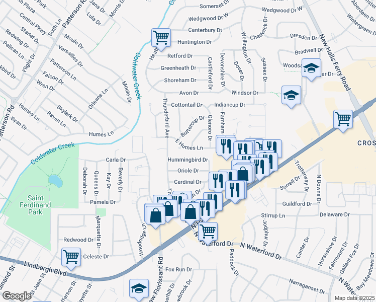 map of restaurants, bars, coffee shops, grocery stores, and more near 2180 East Humes Lane in Florissant