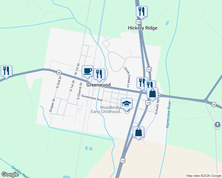 map of restaurants, bars, coffee shops, grocery stores, and more near 108 Market Street in Greenwood