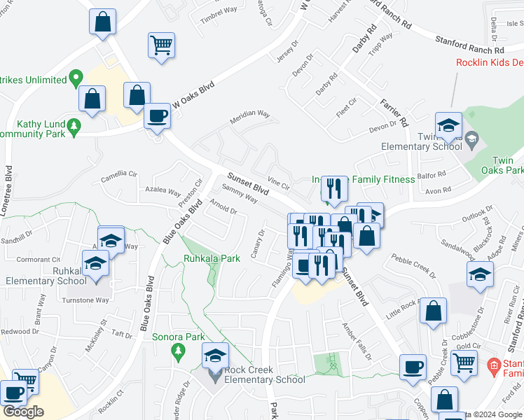 map of restaurants, bars, coffee shops, grocery stores, and more near 1701 Sammy Way in Rocklin