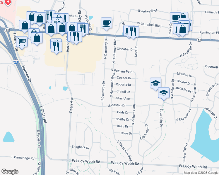 map of restaurants, bars, coffee shops, grocery stores, and more near 118 South Huntsman Boulevard in Raymore