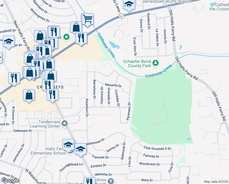 map of restaurants, bars, coffee shops, grocery stores, and more near 2075 Cordoba Drive in Florissant